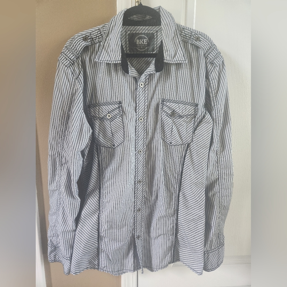 BKE Men's Black & Blue Striped‎ Casual Button-Up Shirt XL